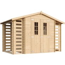 Holzhaus Gartenhaus mit Brennholzschuppen TIMBELA M391C+M391G - mit Boden Imprägnierte B328xL206xH218 cm/ 3,53 + 0,97 + 0,97 m2 Lagerschuppen für