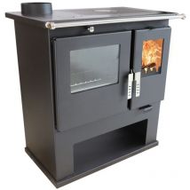 Verso - Holzofen cs – 7,7 kW – Metallplatte oben, Backfach aus Edelstahl, effiziente Heizung und Rauchrohr links – Energieklasse a