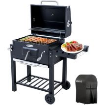 Homavo Holzkohlegrill Mit Deckel, Grillfläche : 56×42.5 Cm, Höhenverstellbare Kohlenwanne, Faltbarer Seitentisch, Thermometer, Mit Grillabdeckungen