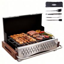 Homavo Barbecue Charbon De Bois Portable, Avec Ustensiles Barbecue, Conception Pliable, Surface De Cuisson: 38,15 X 20,95 Cm, Adapté Pour Camping, 