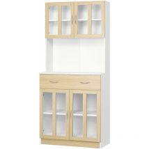 Homcom - Buffet haut multi-rangement 4 portes vitrine verre avec étagère tiroir coulissant grand plateau panneaux particules blanc aspect chêne clair