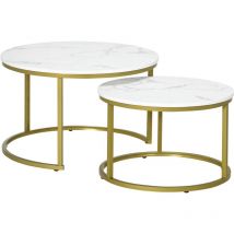 Homcom - Marble Coffee Table Set of 2, Round Nest of Tables, White