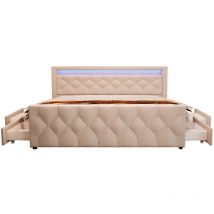 HOME DELUXE - Lit rembourré avec matelas et surmatelas VELARA Couleur : beige, Dimension : 140 x 200 cm