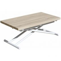 Mesa centro elevable extensible frenzy, convertible en mesa comedor. 100x50x49 cm hasta 100x100x76 cm. Color: Roble Nordish - Blanco - Home Heavenly