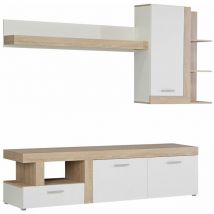 Home Heavenly - Mueble salón Modular JELANI de 217 cm. Conjunto completo Mueble TV + Vitrina con Estante. Color: Blanco-Roble
