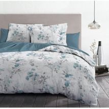 Copripiumino – 3 pezzi, 100% cotone, 57 fili, 2 persone, 220 x 240 cm, Pompadour bianco argilla e blu HP62670 - Home Linge Passion