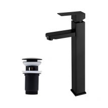 Homelody - Rubinetto del lavabo nero con tappo per lavabo, miscelatore per lavabo in acciaio inox e tappo con troppopieno automatico