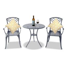 Homeology OSHOWA Grey Aluminium Weatherproof Outdoor Table and 2 Comfortable Chairs with Armrests Bistro Set