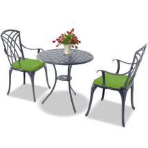 Homeology OSHOWA Grey Aluminium Weatherproof Outdoor Table and 2 Chairs Bistro Set with Green Cushions