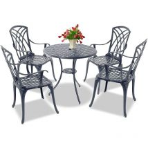 Homeology OSHOWA Luxurious Garden & Patio Table & 4 Large Chairs with Armrests Cast Aluminium Bistro Set Grey