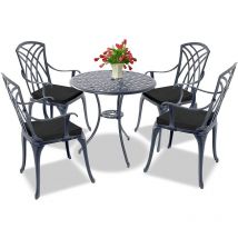 Homeology OSHOWA Luxurious Garden & Patio Table & 4 Large Chairs with Armrests Cast Aluminium Bistro Set - Grey with Black Cushions