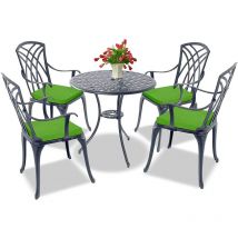 Homeology OSHOWA Luxurious Garden & Patio Table & 4 Large Chairs with Armrests Cast Aluminium Bistro Set - Grey with Green Cushions