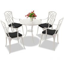 Homeology OSHOWA Luxurious Garden & Patio Table & 4 Large Chairs with Armrests Cast Aluminium Bistro Set - White with Black Cushions