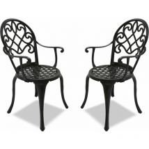 Homeology - Prego 2-Large Garden & Patio Bistro Chairs with Armrests in Cast Aluminium Black