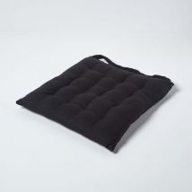 Black Plain Seat Pad with Button Straps 100% Cotton 40 x 40 cm - Homescapes