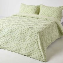 Homescapes - Sage Green Diamond Cotton Tufted Duvet Cover Set, Double - Sage Green