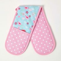 Homescapes - Gant de cuisine double Oiseaux & Fleurs - Bleu & Rose