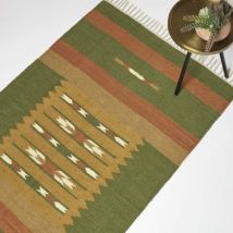 Handgewebter Juteteppich Lundi Green – 90 x 150 cm, Kelim-Muster orange-grün - Homescapes