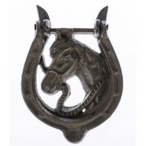 Homescapes - Heurtoir de porte marron en fonte style équestre – modèle cheval et fer à cheval