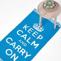 Homescapes - Keep Calm And Carry On Handwoven 100% Cotton Rug in Blue & White, 60 x 100 cm