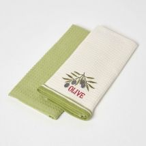 HOMESCAPES Lot de 2 torchons nid d'abeille en coton, Vert