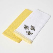 Lot de 2 torchons nid d'abeille en coton, Jaune - Homescapes