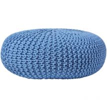 Homescapes - Blue Large Round Cotton Knitted Pouffe Footstool - Blue