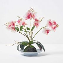 Orchidée artificielle rose dans un bol en céramique gris 38 cm - Homescapes