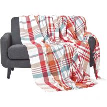 Plaid ou jeté de canapé Falun à carreaux rouges en coton, 255 x 360 cm - Homescapes