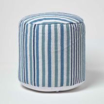 HOMESCAPES Pouf rond en coton rayé bleu 45 x 40 cm