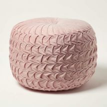 Homescapes - Pouf rond Grace en velours plissé, Rose poudré