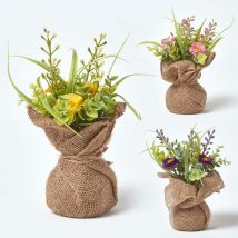 Homescapes - Set of 3 Pink, Purple & Yellow Artificial Daisies in Rustic Burlap Pots