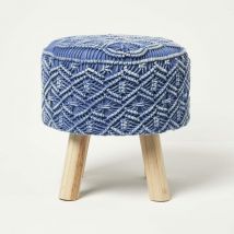 Willow - Makramee-hocker Rund Mit Holzbeinen - Blau, 43 Cm Hoch - Homescapes