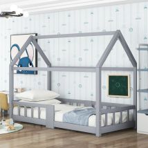 Kinderbett, Hausbett 90 x 200 cm, Kinderbett mit Tafel, Rausfallschutz und Lattenrost, aus Kiefernholz - Hommoo