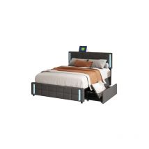Hongya - Lit double rembourré 140200cm avec led et 4 tiroirs, lit d'ado en lin doux pour la peau, noir/gris