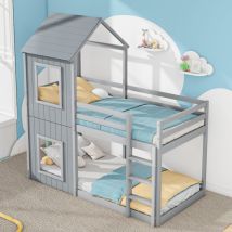 Hongya - Lit D'Enfant Superposé 90x200cm Pour Enfant, Lit Maison Avec Échelle, Baldaquin, Lit Cabane Avec Barrière De Sécurité, Gris
