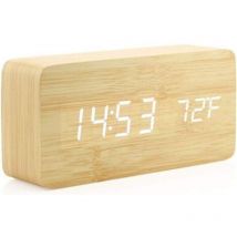 Horloge En Bois Réveil Numérique En Bois Créatif Réveil Led Multifonctionnel Élégant Avec Alimentation Usb Commande Vocale - Bois De Bambou