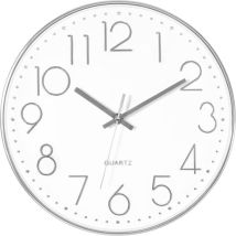 Sunxury - Horloge murale argentée, silencieuse, sans tic-tac, fonctionne à piles, ronde et moderne, pour bureau, école, décoration de la maison, 12