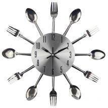 Horloge murale de cuisine, cuillère, fourchette, autocollant mural, décoration de la maison, argent