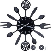Horloge murale de cuisine noire, couverts modernes amovibles, cuillère de cuisine, fourchette, horloge murale, décoration de maison