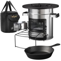 BBQBOSS Horno de Cohetes Barbacoa Holandesa Parrilla Plateada con Sartén de Hierro Fundido Estufa Portátil de Acero para Camping con Bolsa de