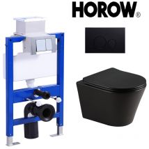 Pack bati-support UWT02L + Plaque de poussée ronde chromée noire + cuvette suspendue wc suspendu sans rebord, wc en céramique noir mat - Horow