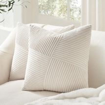 Housse Coussin 40x40 Crème Blanc en Velours Côtelé Super Doux, Lot de 2 Housse Coussin Decoratif Canape Motif à Rayures Patchwork Decoration Maison