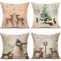 Housse Coussin Noel 45x45 Lot de 4 Housse Coussin 40x40 père Noël Wapiti Coton et Lin Décoratif Taie d'oreiller pour Decoration Noel 45x 45cm
