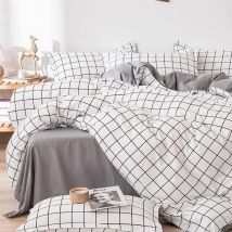 Housse de Couette 200x230 à Carreaux - Parure de Lit en Microfibre Réversible Blanc et Gris avec Fermeture éclair - Linge de Lit Adulte 2 Personnes