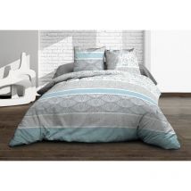 Housse de couette 220x240 + 2 taies - Pur coton 57 fils - Louise bleu