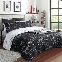 Housse de Couette 220x240cm + 2 x Taies d'oreiller 50x75cm - Marbre Noir et Blanc Réversible Parure de lit 2 Personne Adulte