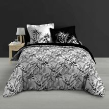 Douceur D'intérieur - Housse de couette 240x260 cm + taies - Percale - Feuillage tropical noir et blanc