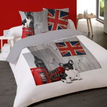 Housse de couette 240x220 dog in london + 2 taies 100% coton