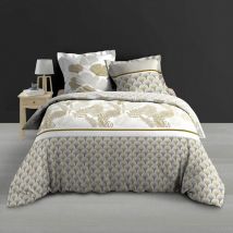 Housse de couette 240x260 cm + taies - Percale - Feuillage blanc, bronze et gris